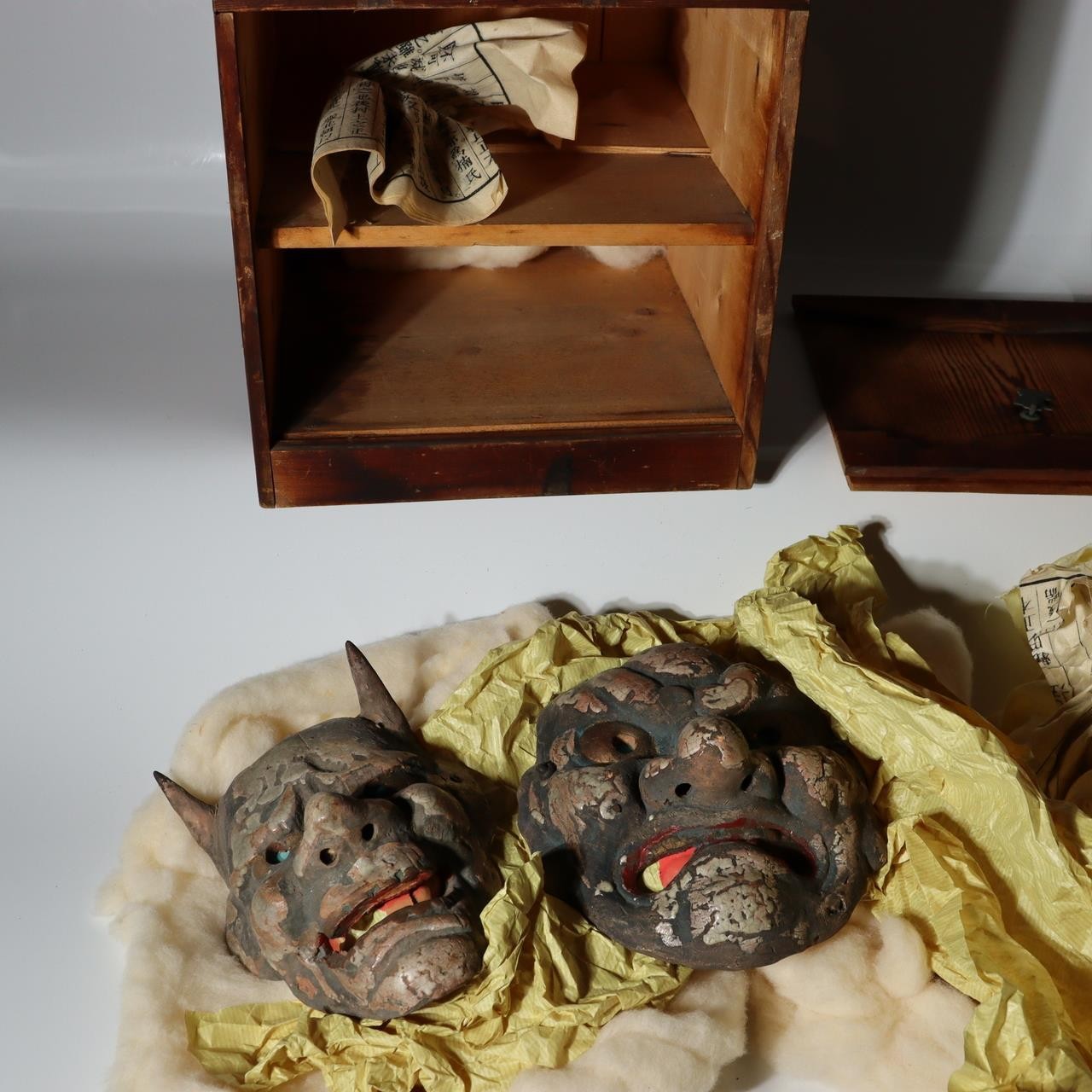 Antique Japanese Ceramic Noh Mask Style Wall Masks Hannya & Beshimi Pair c.19400