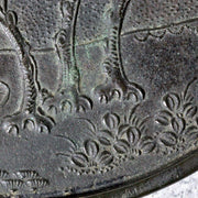 Antique Edo Period Bronze Hand Mirror Fujiwara Yoshikatsu Wooden Handle BOSa498