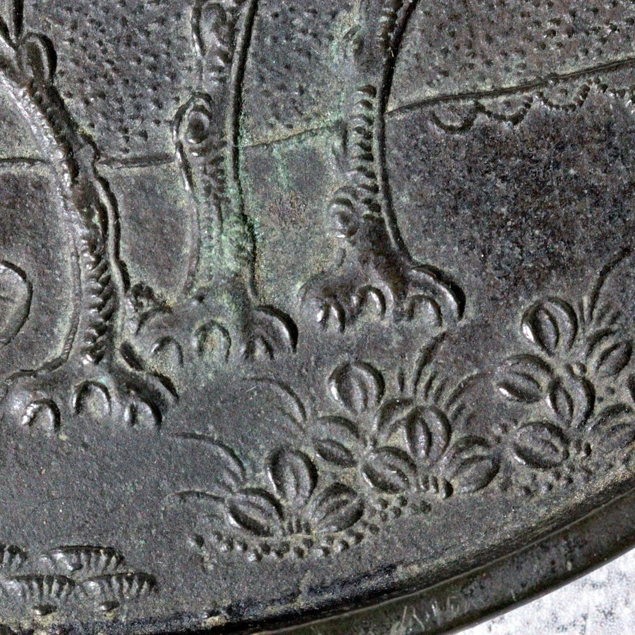Antique Edo Period Bronze Hand Mirror Fujiwara Yoshikatsu Wooden Handle BOSa498