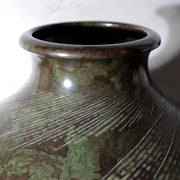 Japanese Bronze Vase Mottled Green Patina Engraved Lines Shimpo BV77111