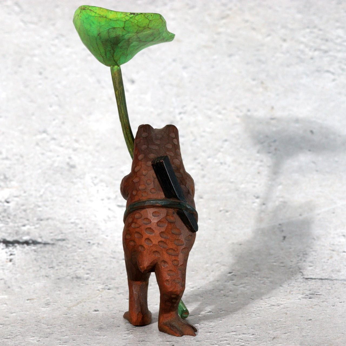 Vintage Japanese Wood Carved Frog with Lotus Leaf Umbrella – WO6555