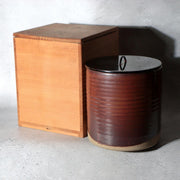 Japanese Seto Ware Ceramic Mizusashi Water Jar Brown Ribbed Texture Tomobako0