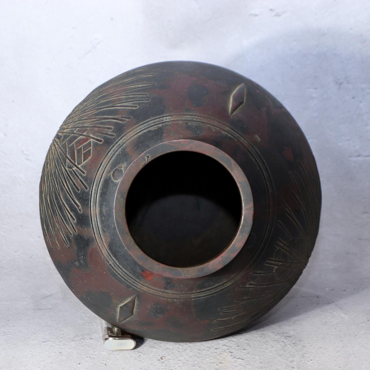 Vintage Japanese Mottled Purple Bronze Vase Signed Beisai Pine Cone Motif10