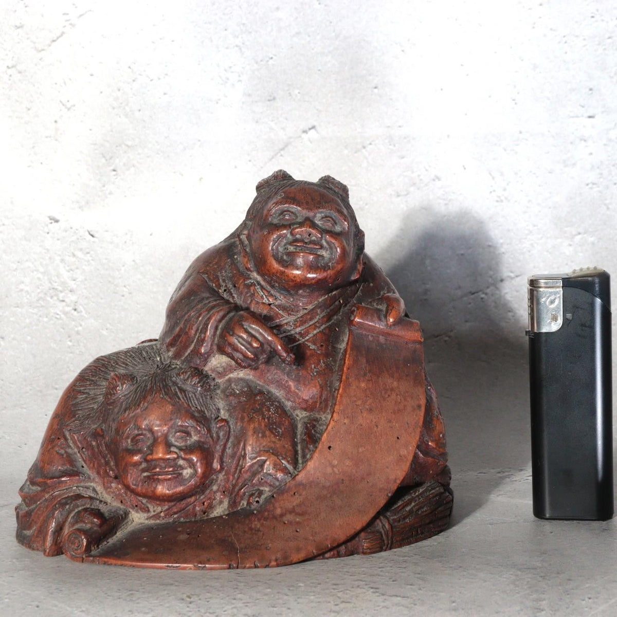 Antique Japanese Bamboo Root Okimono Kanzan Jittoku Hanshan Shide Edo Meiji1