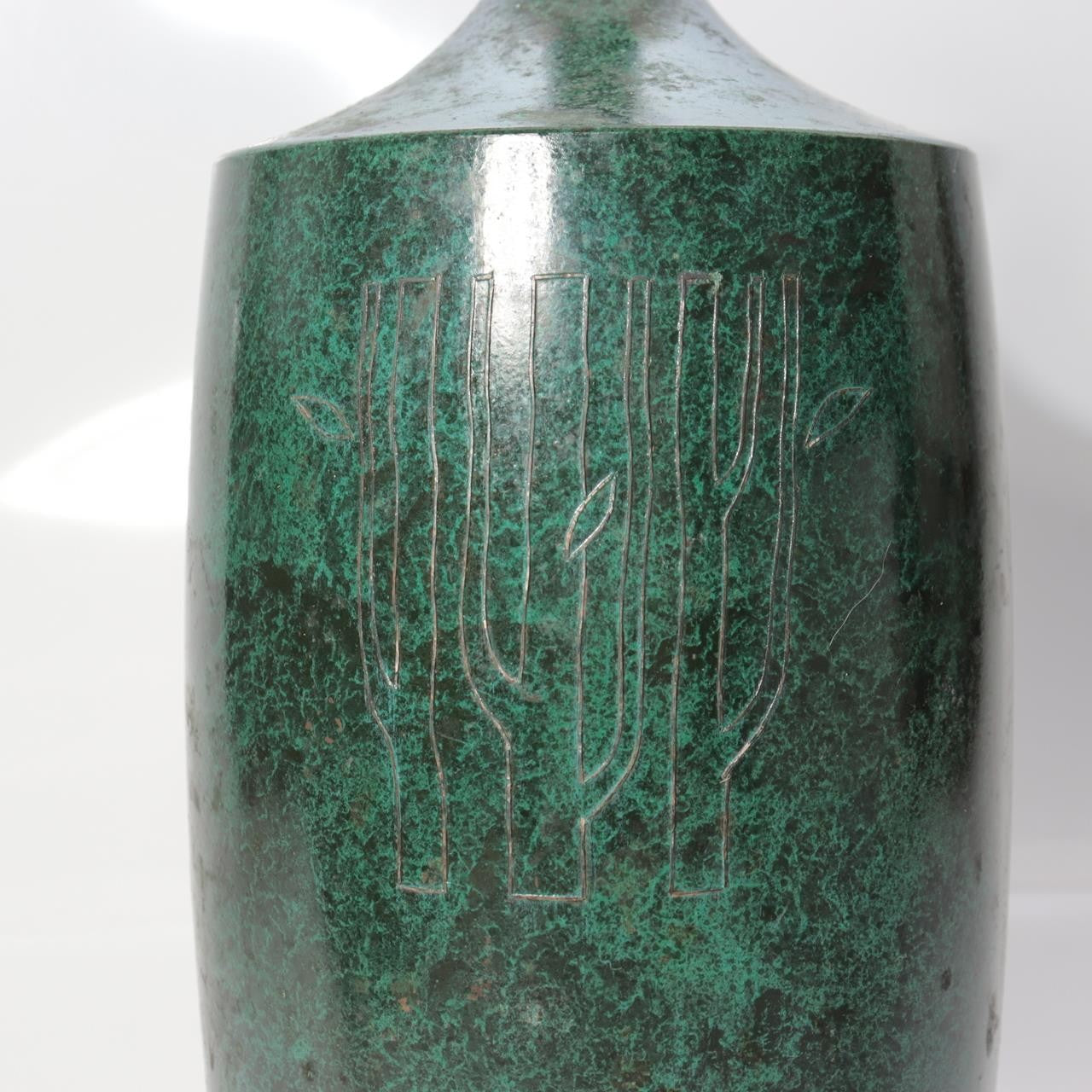 Vintage Japanese Cast Bronze Bud Vase Shoho Stylized Tree Green Patina BV7787