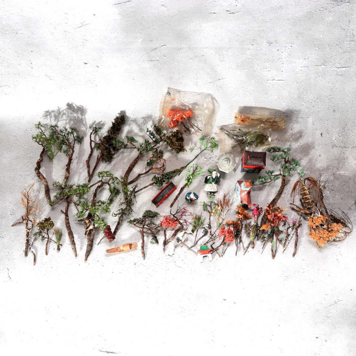 Vintage Japanese Bonkei Tenpai Miniature Figures Trees Suiseki Diorama Set BOSa62