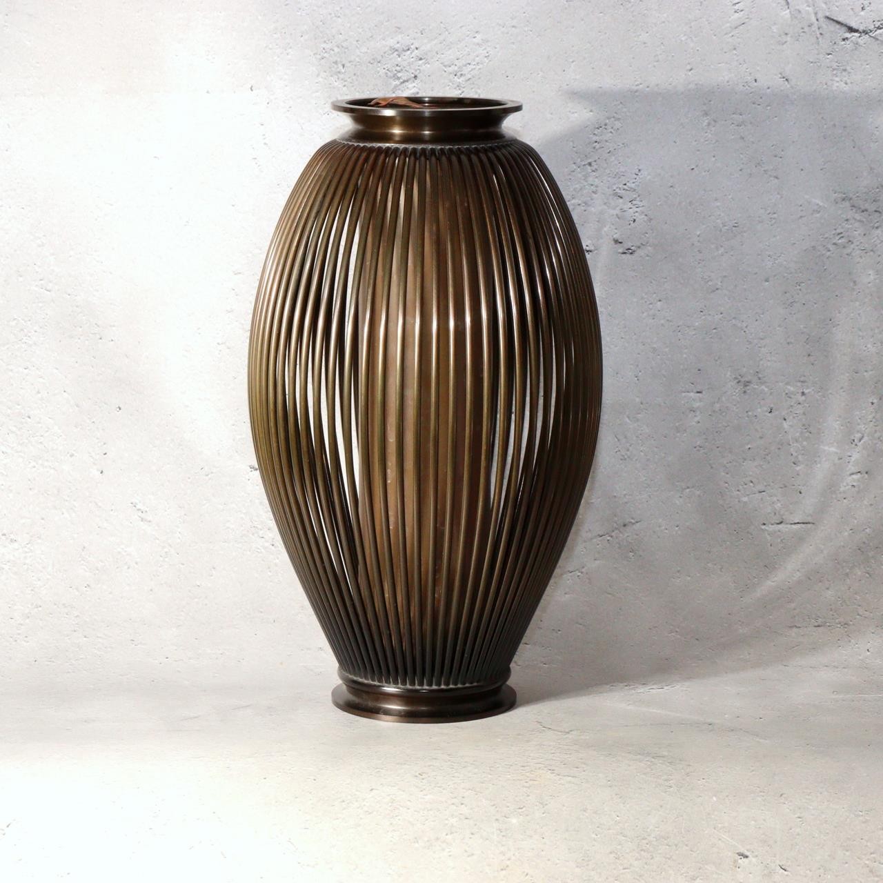 Japanese Vintage Hoyu Cast Bronze Flower Vase Basket Style Ikebana Box 27.5cm9