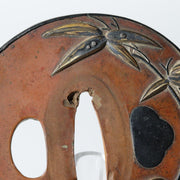 Antique Japanese Copper Gilt Bamboo Motif Tsuba Sword Guard Fukurin Rim STO903