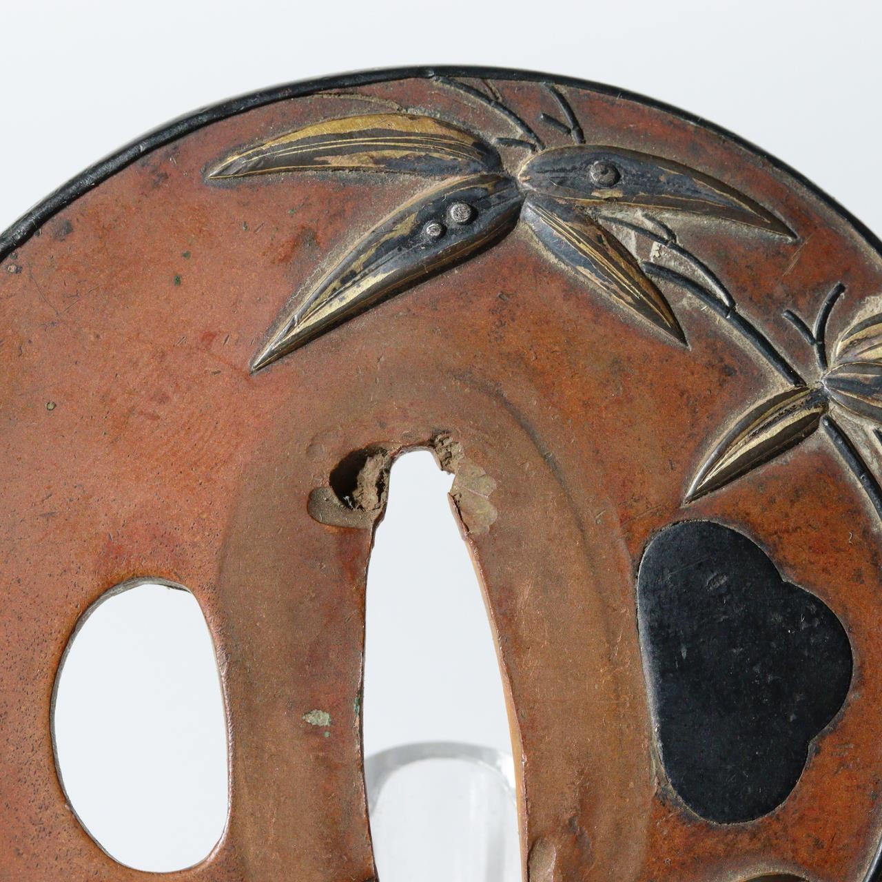 Antique Japanese Copper Gilt Bamboo Motif Tsuba Sword Guard Fukurin Rim STO903