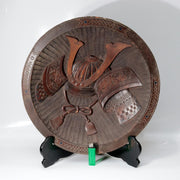 Pre-WWII Japanese Carved Wood Round Tray Samurai Kabuto Helmet Dragon Motif1