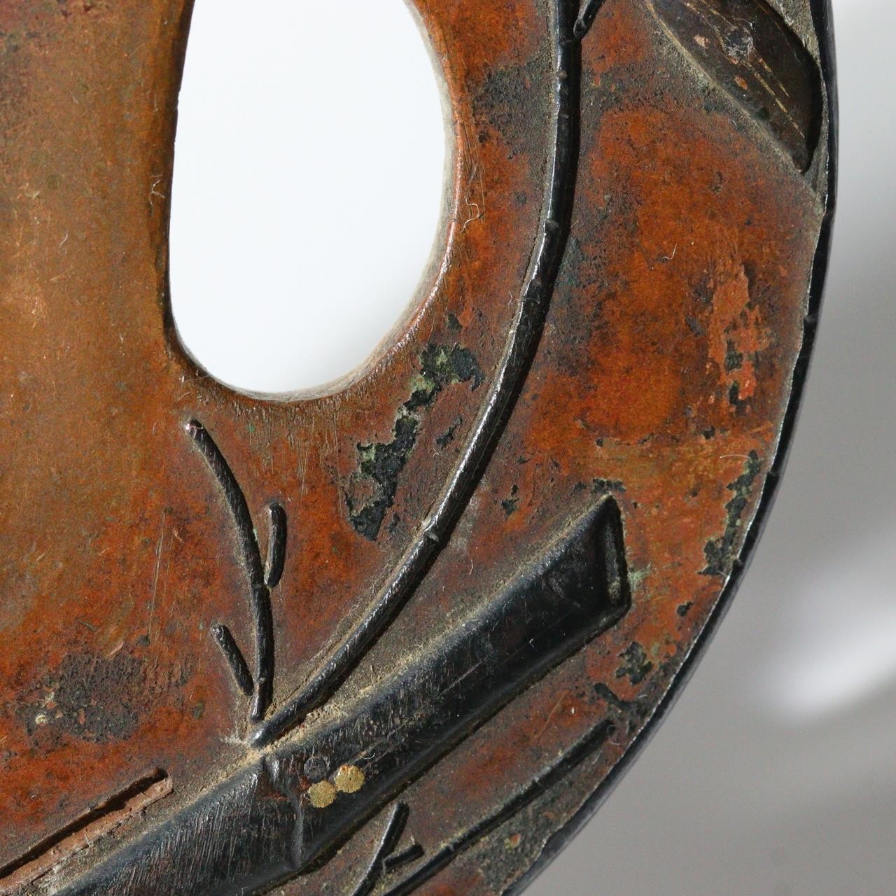 Antique Japanese Copper Gilt Bamboo Motif Tsuba Sword Guard Fukurin Rim STO9014