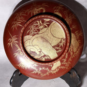 Vintage Japanese Lacquerware Large Lidded Bowl Neko Tora Tiger Bamboo WO6026