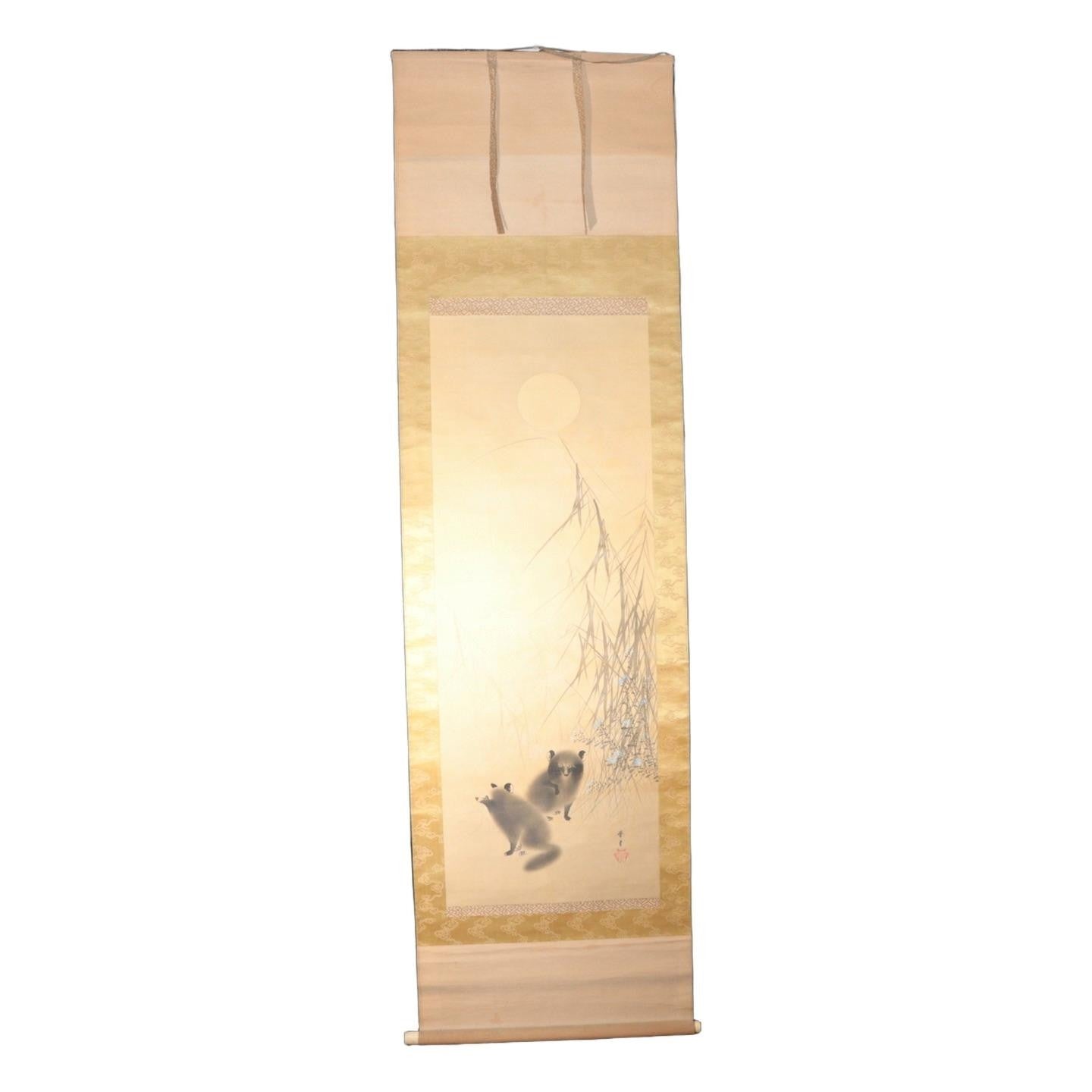 ​Vintage Japanese Hanging Scroll Kakejiku Tanuki Raccoon Dog Moon ASO4613