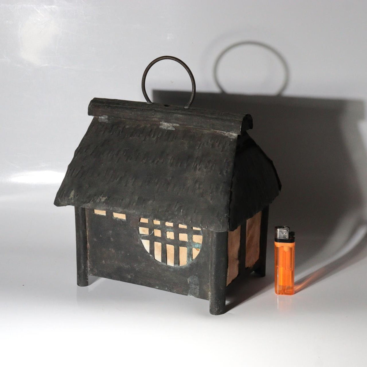 Vintage Japanese Brass Kuzuya Lantern Hanging House Shape Washi Paper0