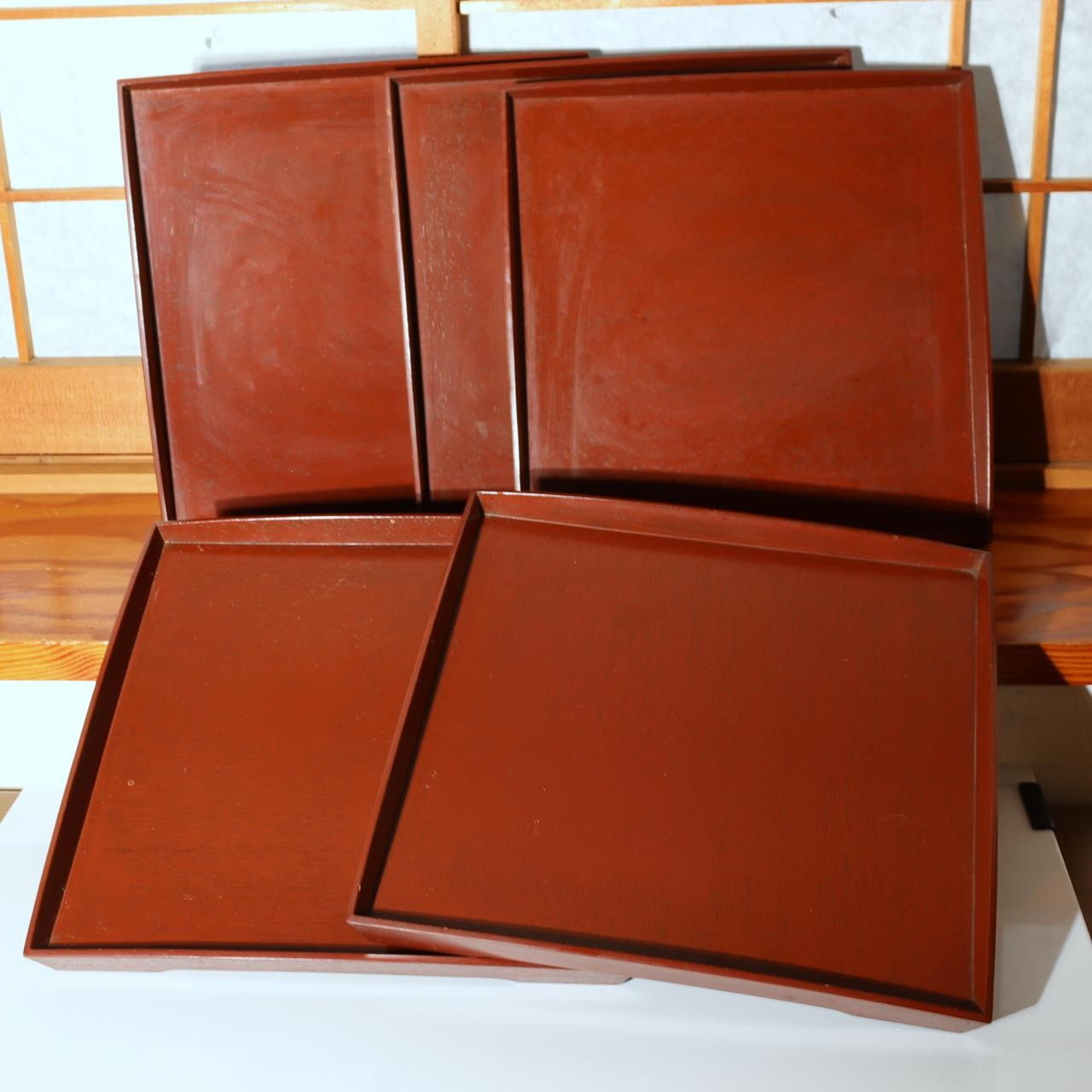 Japanese Vintage Lacquer Tray Obon Square Set of 5 Simple Wood Grain Reddish Bro1