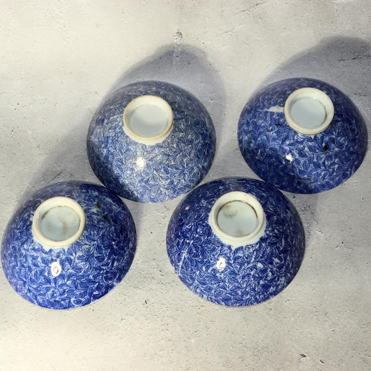 Antique Japanese Imari Rice Bowls Set 4 Inban Transferware Blue Fern Meiji IP1293