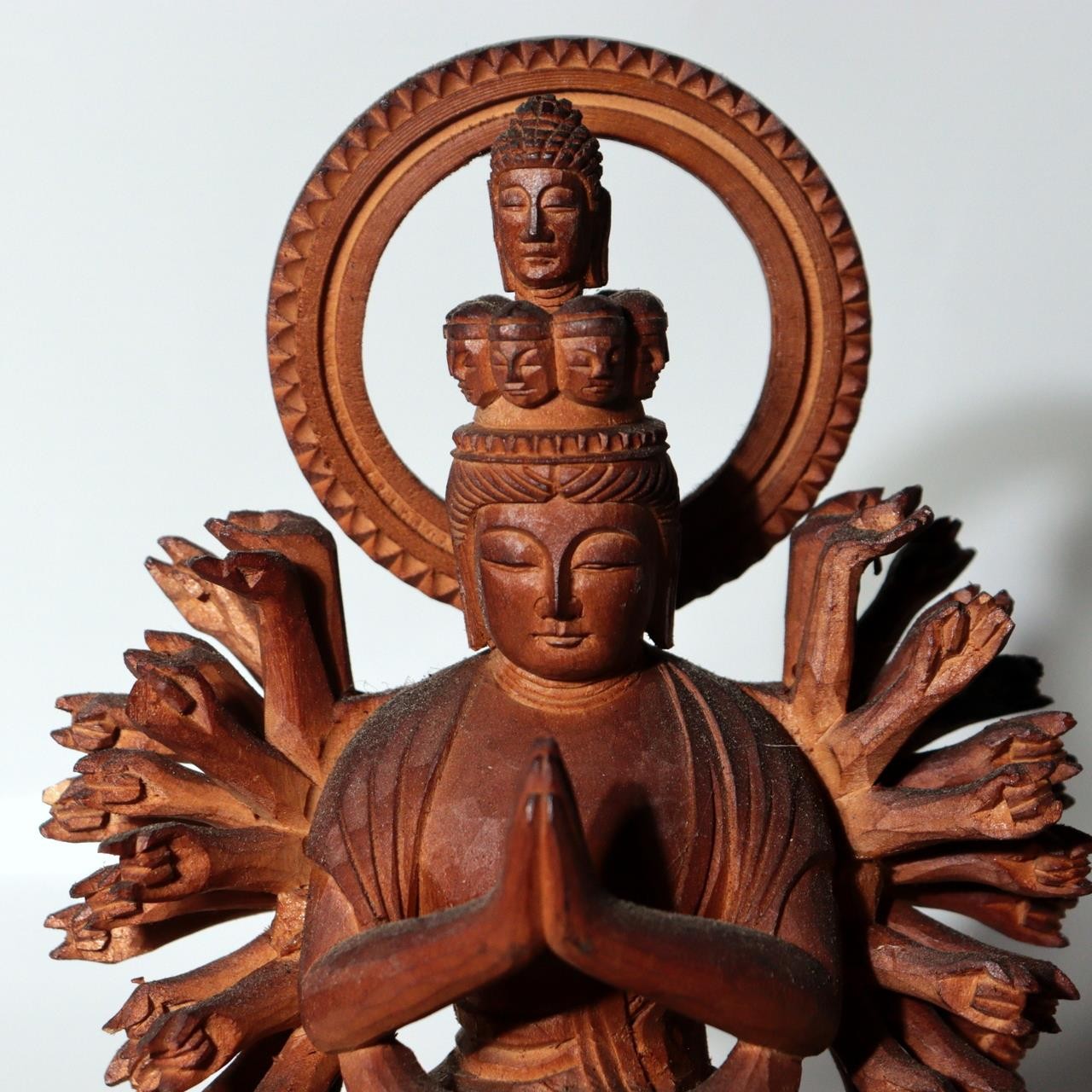 Vintage Japanese Wooden Carved Juichimen Senju Kannon Buddha Statue Glass Case4