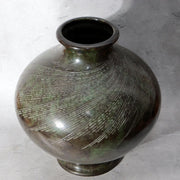 Japanese Bronze Vase Mottled Green Patina Engraved Lines Shimpo BV77112