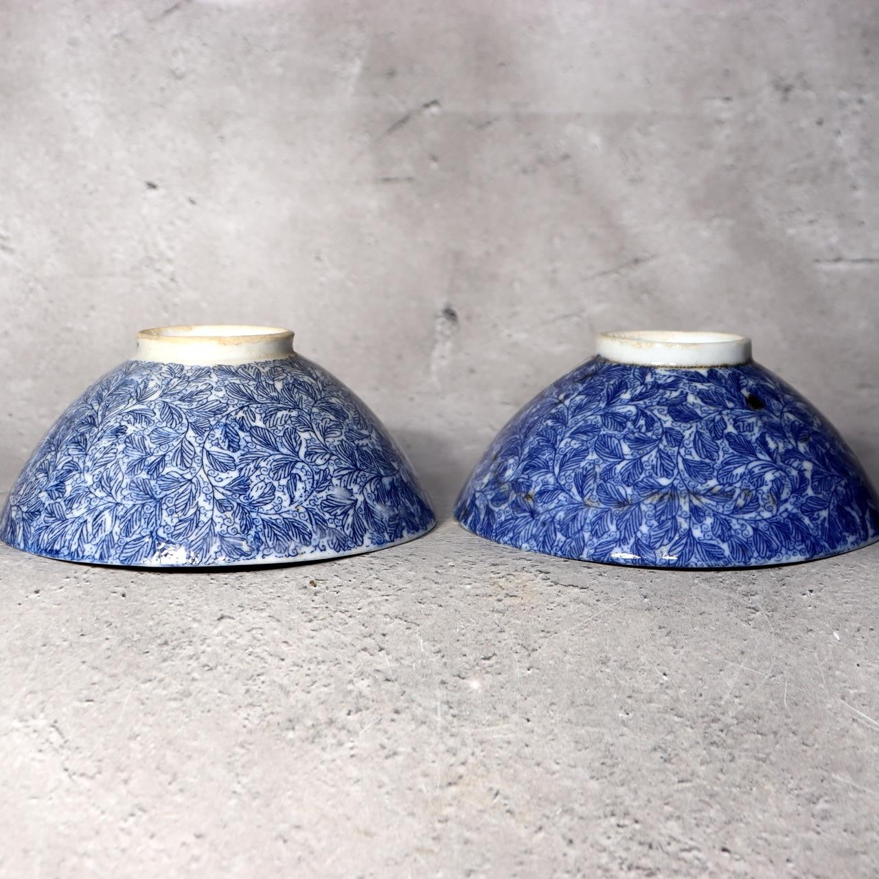 Antique Japanese Imari Rice Bowls Set 4 Inban Transferware Blue Fern Meiji IP12910