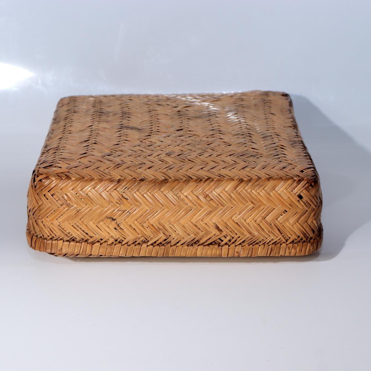 Vintage Japanese Woven Bamboo Box Rectangular Basket Lid Case BVO728