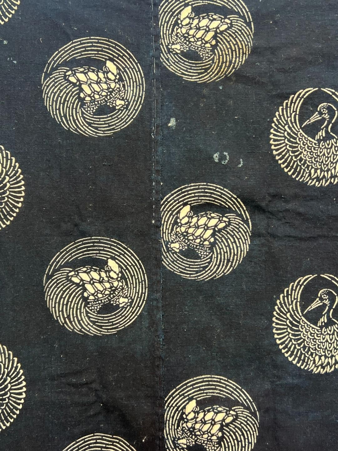 Meiji Period Japanese Indigo Katazome Cotton Fabric Crane Turtle BRKW17821
