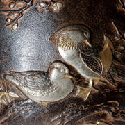 Vintage Japanese Takaoka Copper Bronze Vase Ryusen Relief Inlay Mandarin Duck11
