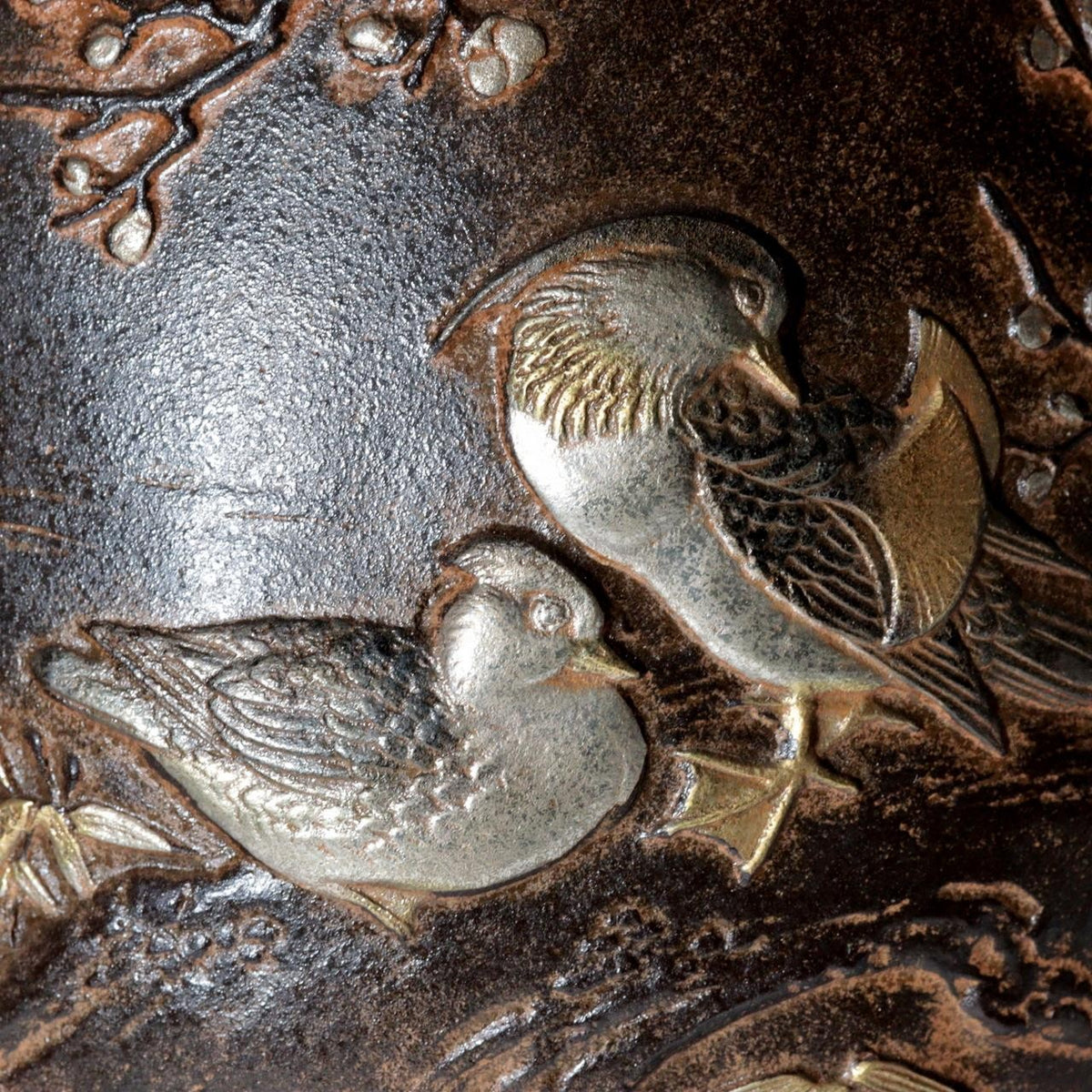 Vintage Japanese Takaoka Copper Bronze Vase Ryusen Relief Inlay Mandarin Duck11