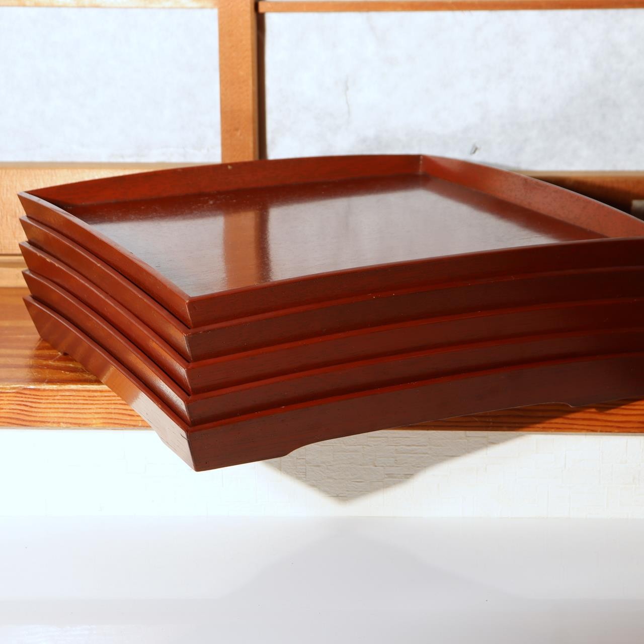Japanese Vintage Lacquer Tray Obon Square Set of 5 Simple Wood Grain Reddish Bro2