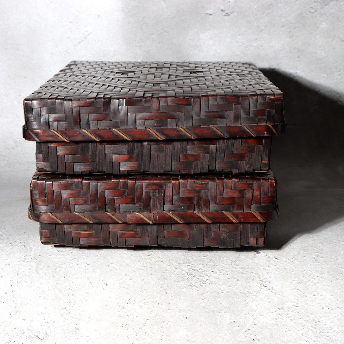 Vintage Japanese Bamboo Woven Rectangular Box Set of 2 Geometric Pattern Basket8