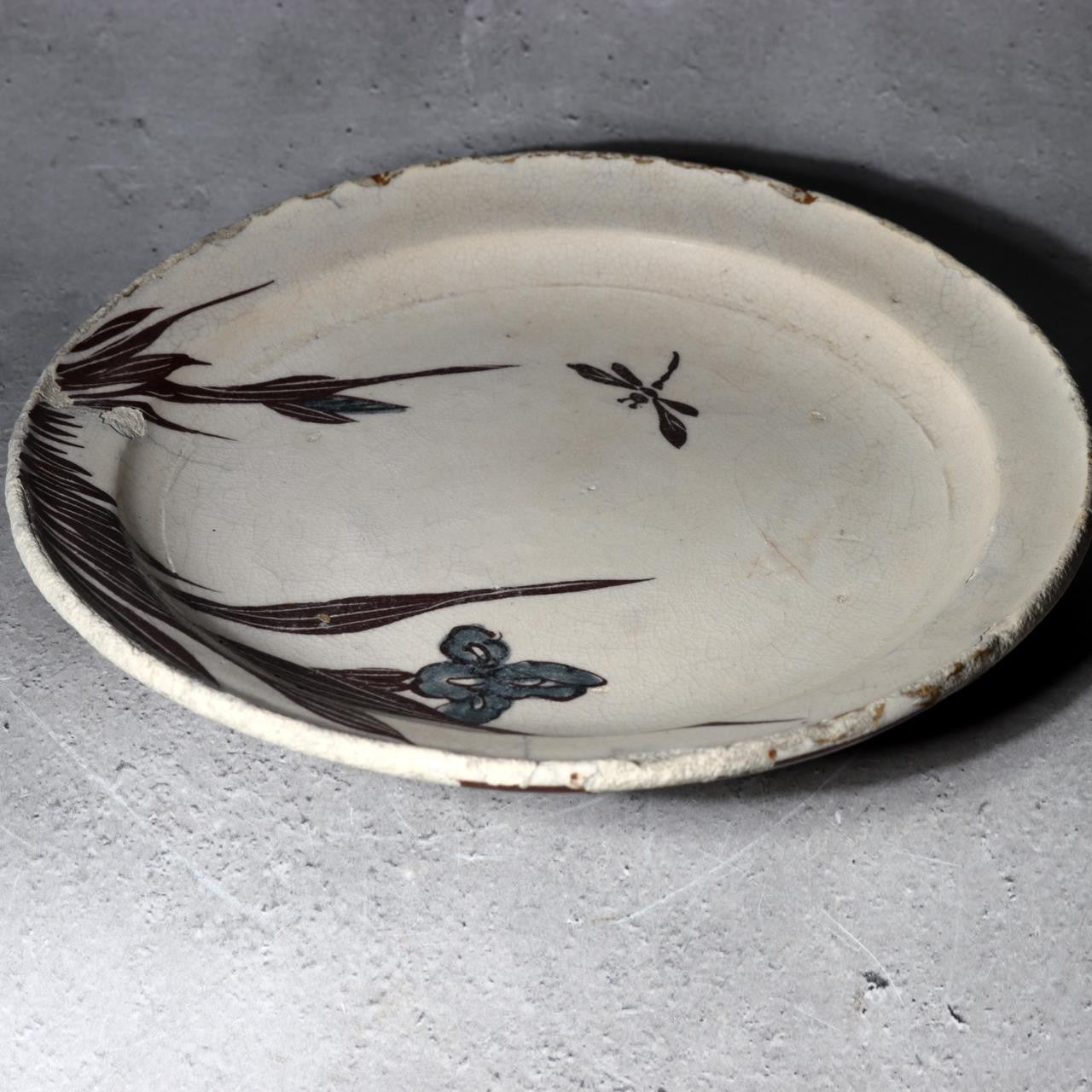 Antique Bakumatsu Seto Ware Ceramic Plate Iris Dragonfly Pattern PCP30613
