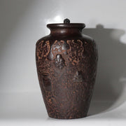 Antique Japanese Cast Iron Tea Jar Vase with Figural Relief and Later-Fitted Lid0