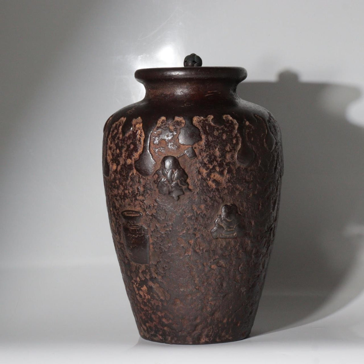 Antique Japanese Cast Iron Tea Jar Vase with Figural Relief and Later-Fitted Lid0