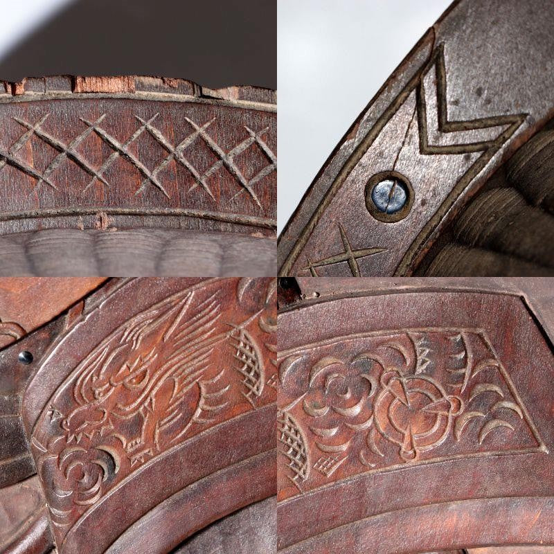 Pre-WWII Japanese Carved Wood Round Tray Samurai Kabuto Helmet Dragon Motif9