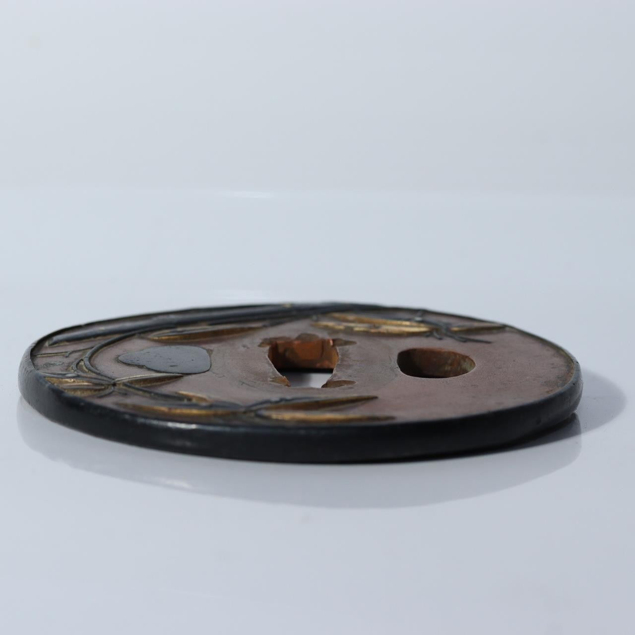 Antique Japanese Copper Gilt Bamboo Motif Tsuba Sword Guard Fukurin Rim STO9011