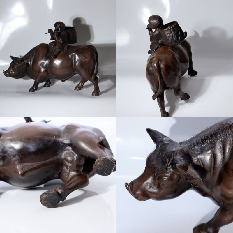 Vintage Japanese Cast Iron Bull Statue  Zen "Riding the Bull Home" 7.3kg BOSa224