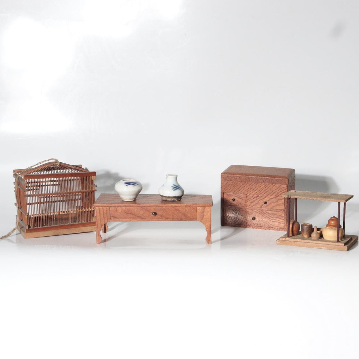 Vintage Japanese Wooden Miniature Set Birdcage Tea Utensils Maki-e Box WO667-21