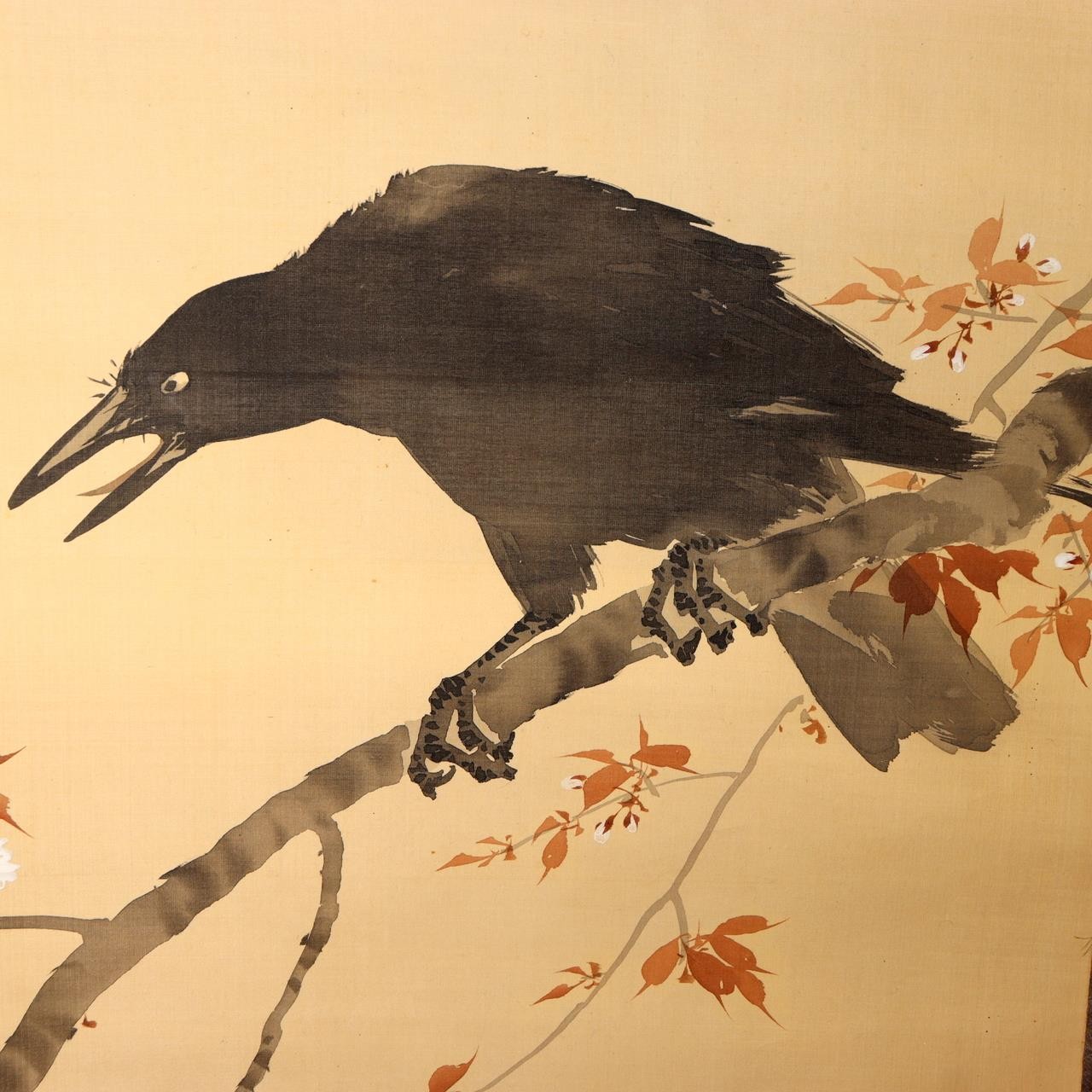 Japanese Scroll Painting Crow Cherry Blossom Full Moon Kato Eishu Silk Box ASO430