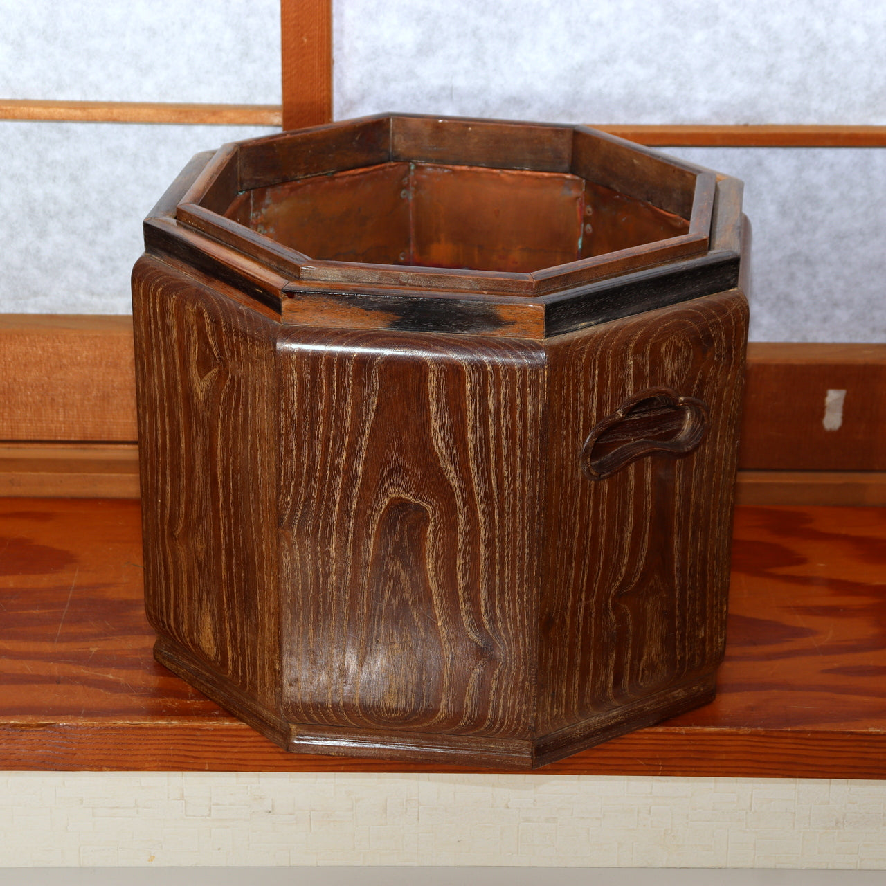 Japanese Vintage Wooden Brazier Hibachi Hiire Octagonal Copper Lined Planter