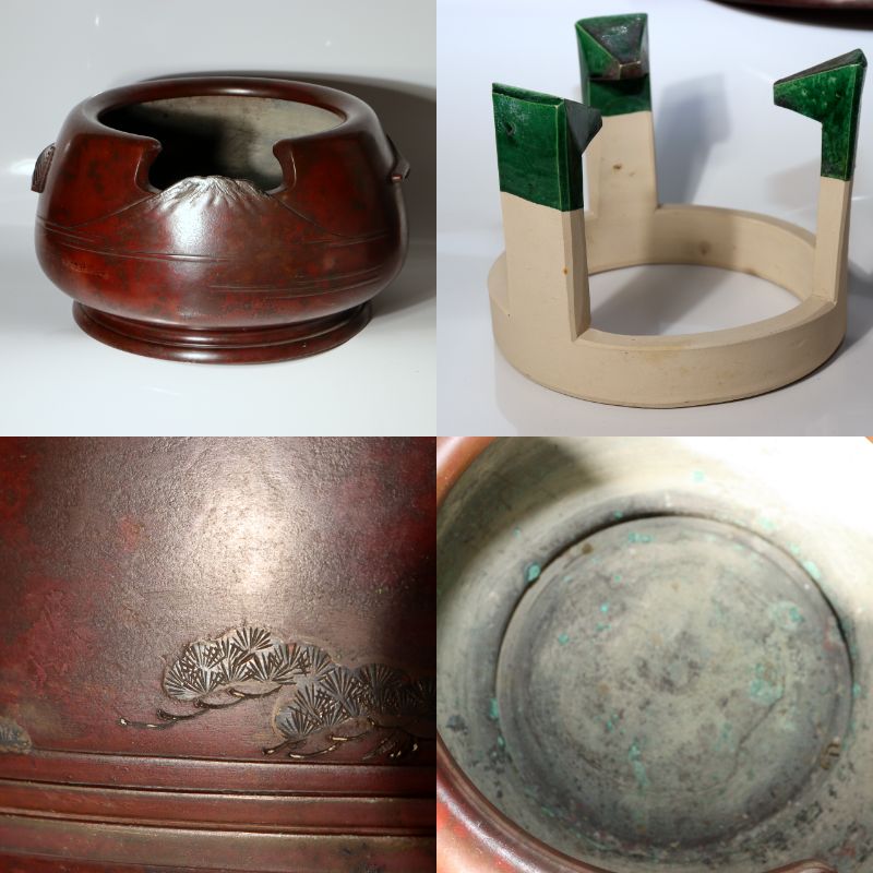 Japanese Bronze Hibachi Mt Fuji Silver Inlay Signed Yoshimasa Tripod Tongs