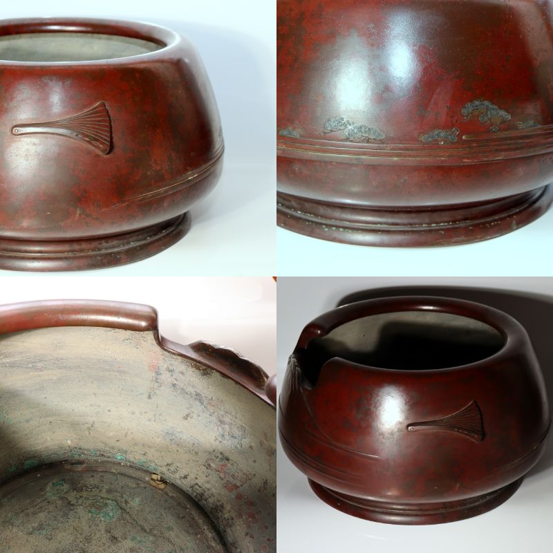 Japanese Bronze Hibachi Mt Fuji Silver Inlay Signed Yoshimasa Tripod Tongs