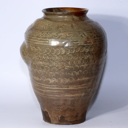 Early Joseon Dynasty Buncheong Mishima Floral Jar Antique Korean Pottery KRS157