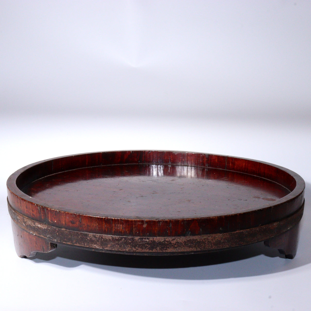 Antique Japanese Negoro Lacquer Wooden Tray Iron Rim -Edo/Meiji Period WO393