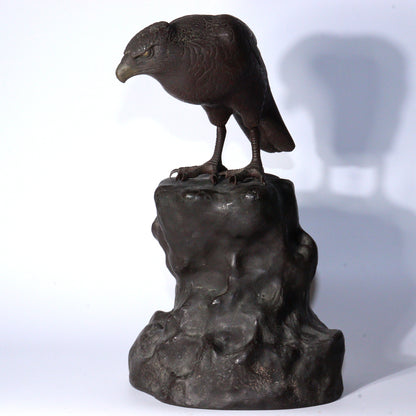 Antique Japanese Bronze Hawk on Rock Sculpture Rare Collectible Item BOS891