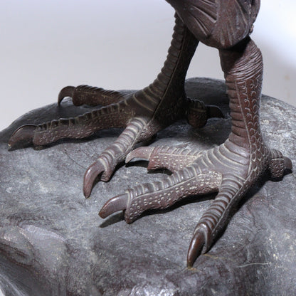 Antique Japanese Bronze Hawk on Rock Sculpture Rare Collectible Item BOS891