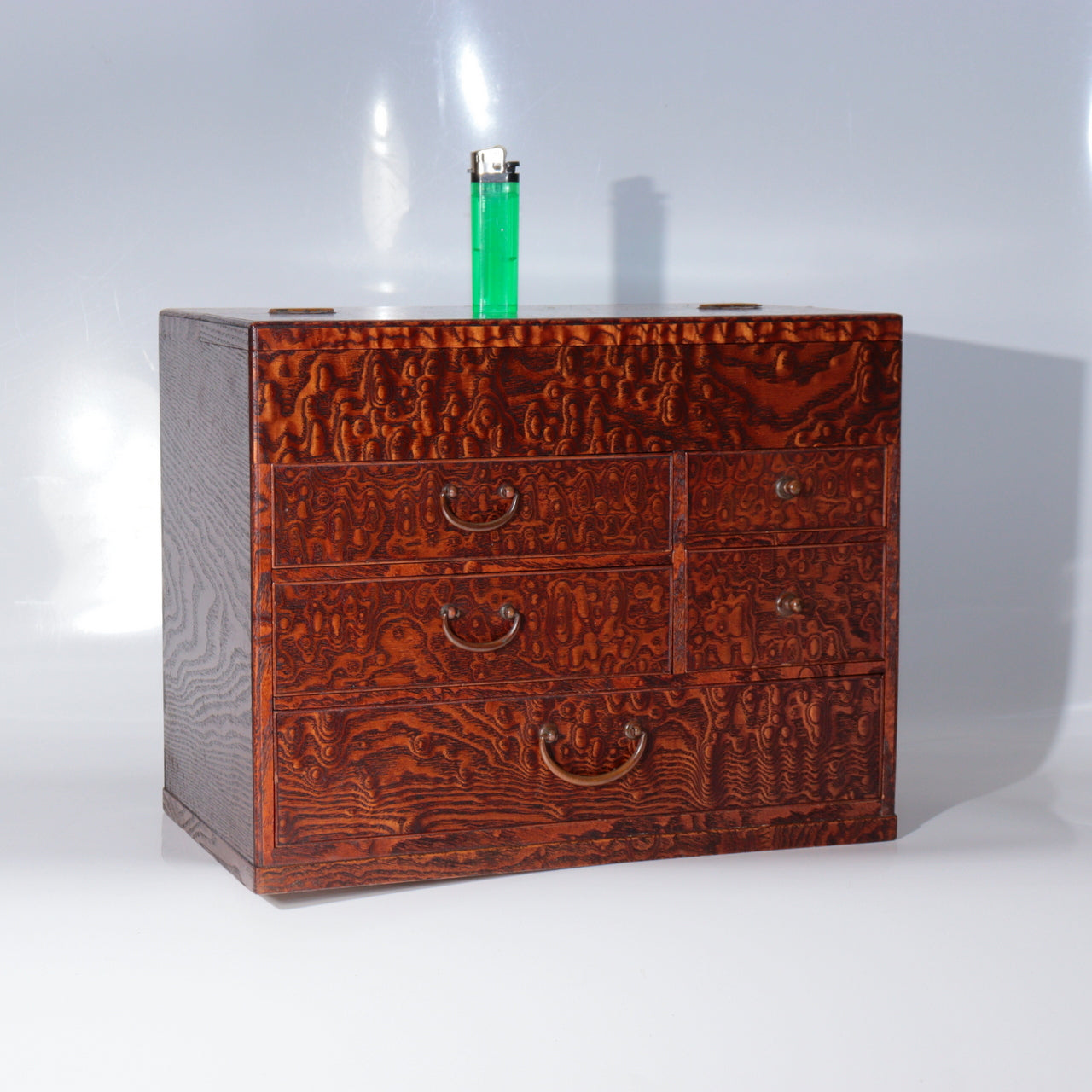 Vintage Japanese Wooden Sewing Box Haribako Tamo Ash Tiger Stripe Grain Showa