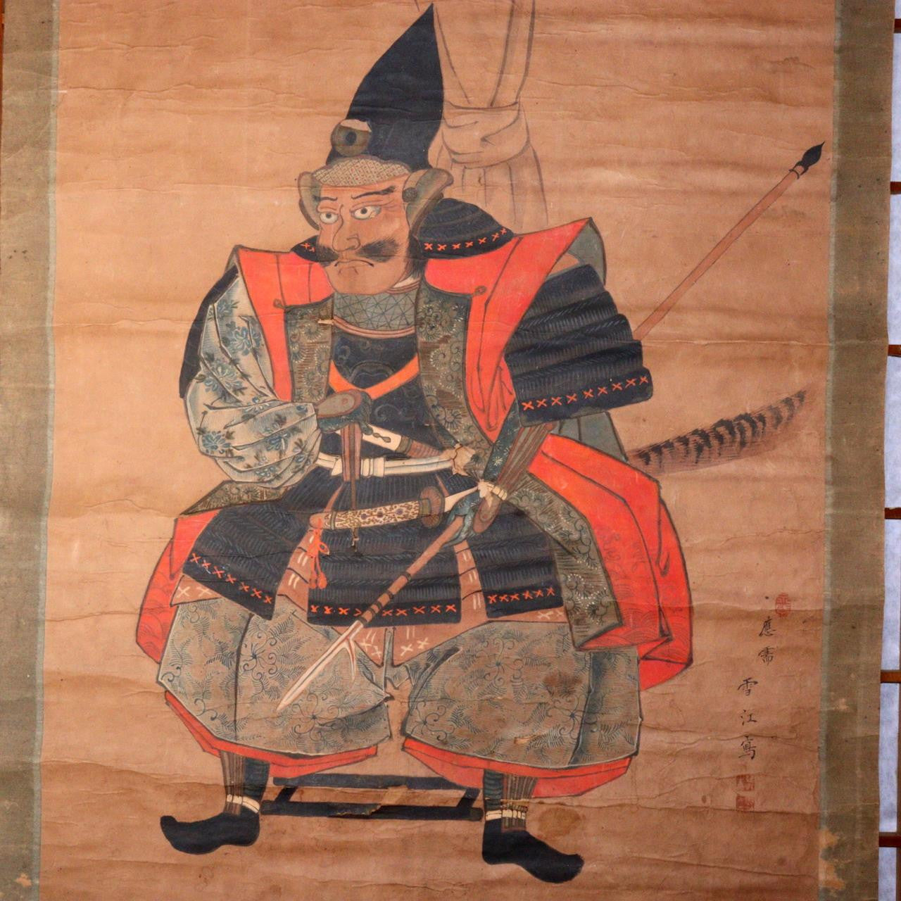 Japanese Kakejiku hanging scroll Samurai Musha Lotus Sutra Katana Bow ASO377