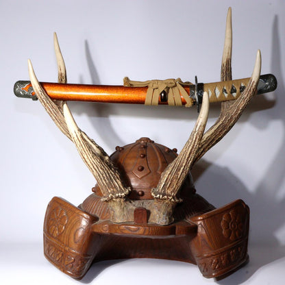 Japanese wooden Sword Rack Stand Helmet Kabuto Deer antlers Kazuno SWR343