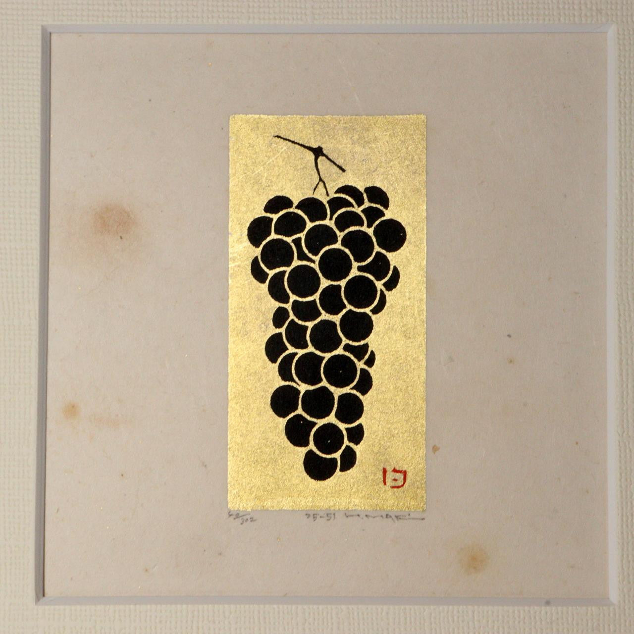 Japanese Makihaku woodblock print grapes signed ASO375