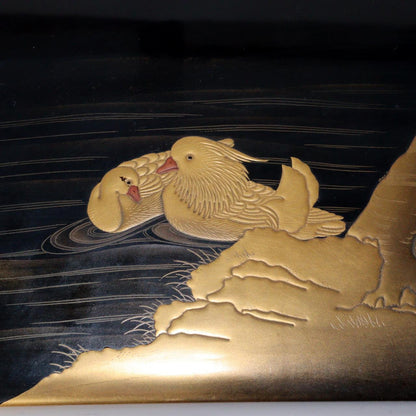 Japanese Vintage wooden Gold High Makie inkstone Box Mandarin Ducks WBX276