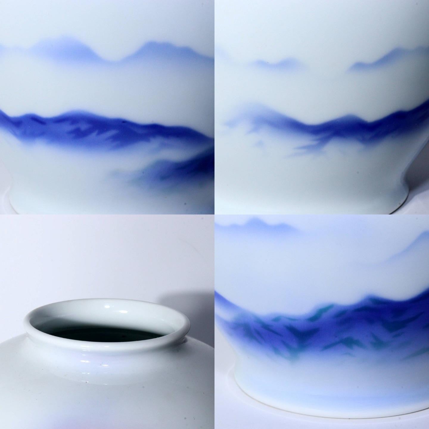 Japanese Fukagawa porcelain vase Morning glow Mt.Fuji design Arita signed PV251